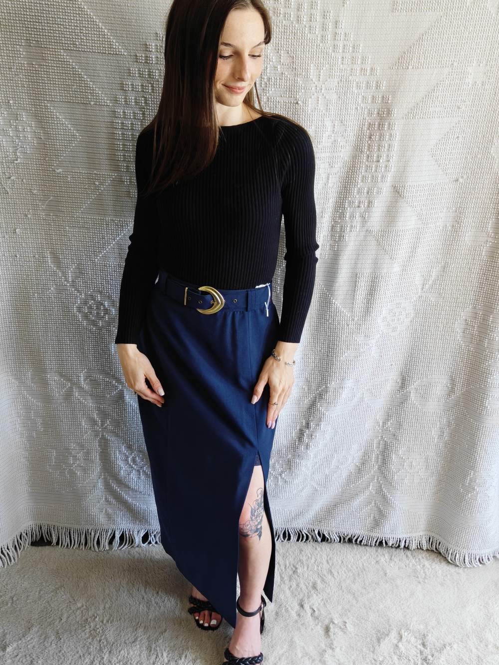 Vintage Navy Belted Maxi Skirt | Made in Canada | Front Slit Old Money | Size S